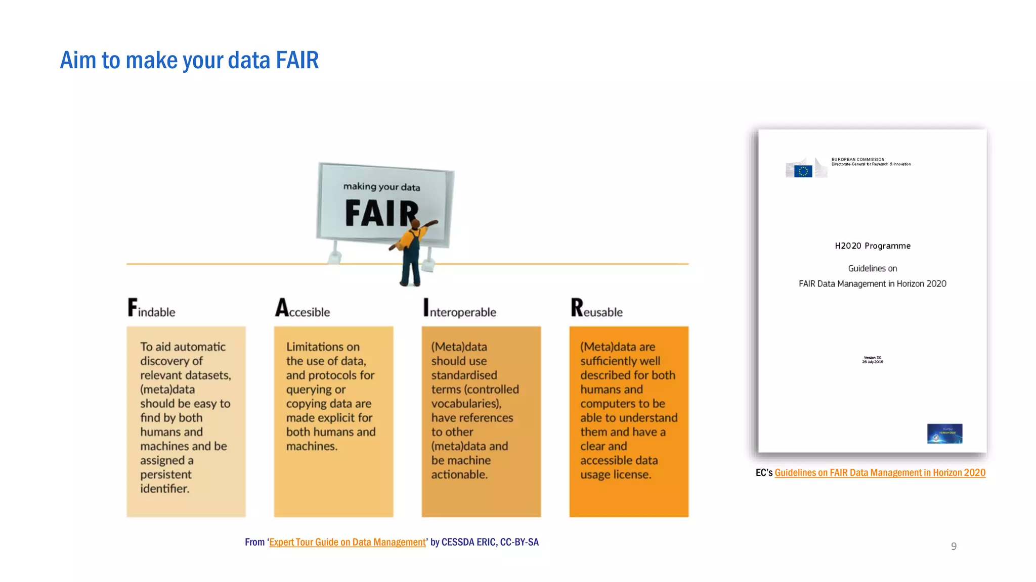 Aim to make your data FAIR
9From ‘Expert Tour Guide on Data Management’ by CESSDA ERIC, CC-BY-SA
EC’s Guidelines on FAIR Data Management in Horizon 2020
 