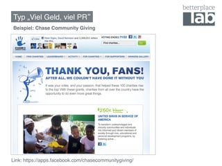 Typ „Viel Geld, viel PR !
Beispiel: Chase Community Giving!




Link: https://apps.facebook.com/chasecommunitygiving/ !
 
