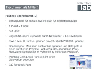 Typ „Firmen als Mittler !

Payback Spendenwelt (D)!
•  Bonuspunkte für soziale Zwecke statt für Tischstaubsauger!
•  1 Punkt = 1 Cent!
•  seit 2009!
•  ungestützt, aber Reichweite durch Newsletter: 3 bis 4 Millionen!
•  etwa 1 Mio. € Punkte-Spenden pro Jahr durch 200.000 Spender!
•  Spendenpool: Man kann auch ofﬂine spenden und Geld geht in
   einen kuratierten Projekte-Pool (etwa 50% spenden in Pool).
   Reduzierte Komplexität im Vergleich zu konkreten Projekten.!
•  Painless Giving, weil Punkte nicht direkt  
   Geldverlust bedeuten!
•  720 facebook-Fans!
 