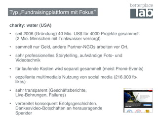 Typ „Fundraisingplattform mit Fokus !

charity: water (USA)!
•  seit 2006 (Gründung) 40 Mio. US$ für 4000 Projekte gesammelt  
   (2 Mio. Menschen mit Trinkwasser versorgt)!
•  sammelt nur Geld, andere Partner-NGOs arbeiten vor Ort.!
•  sehr professionelles Storytelling, aufwändige Foto- und
   Videotechnik!
•  für laufende Kosten wird separat gesammelt (meist Promi-Events)!
•  exzellente multimediale Nutzung von social media (216.000 fb-
   likes)!
•  sehr transparent (Geschäftsberichte,  
   Live-Bohrungen, Failures)!
•  verbreitet konsequent Erfolgsgeschichten.  
   Dankesvideo-Botschaften an herausragende  
   Spender!
 