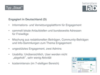 Typ „Staat !


 Engagiert in Deutschland (D)!

 •  Informations- und Vernetzungsplattform für Engagement!

 •  sammelt lokale Anlaufstellen und bundesweite Adressen  
    für Freiwillige!

 •  Mischung aus redaktionellen Beiträgen, Community-Beiträgen  
    und Info-Sammlungen zum Thema Engagement!

 •  ungestütztes Engagement, zwei Admins!

 •  Usability: Unübersichtlich, User werden nicht 
    „abgeholt , sehr wenig Aktivität!

 •  kostenintensiv (im 7-stelligen Bereich)!

                                                                   55
 