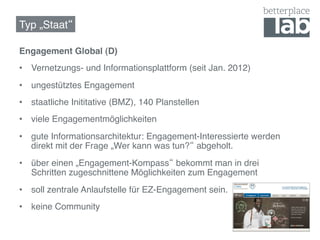 Typ „Staat !

Engagement Global (D)!
•  Vernetzungs- und Informationsplattform (seit Jan. 2012)!
•  ungestütztes Engagement !
•  staatliche Inititative (BMZ), 140 Planstellen!
•  viele Engagementmöglichkeiten!
•  gute Informationsarchitektur: Engagement-Interessierte werden
   direkt mit der Frage „Wer kann was tun? abgeholt.!
•  über einen „Engagement-Kompass bekommt man in drei
   Schritten zugeschnittene Möglichkeiten zum Engagement!
•  soll zentrale Anlaufstelle für EZ-Engagement sein.!
•  keine Community!
 