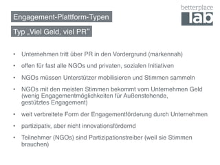 Engagement-Plattform-Typen!

Typ „Viel Geld, viel PR !

•  Unternehmen tritt über PR in den Vordergrund (markennah)!
•  offen für fast alle NGOs und privaten, sozialen Initiativen!
•  NGOs müssen Unterstützer mobilisieren und Stimmen sammeln!
•  NGOs mit den meisten Stimmen bekommt vom Unternehmen Geld
   (wenig Engagementmöglichkeiten für Außenstehende,  
   gestütztes Engagement)!
•  weit verbreitete Form der Engagementförderung durch Unternehmen!
•  partizipativ, aber nicht innovationsfördernd!
•  Teilnehmer (NGOs) sind Partizipationstreiber (weil sie Stimmen
   brauchen)!
 