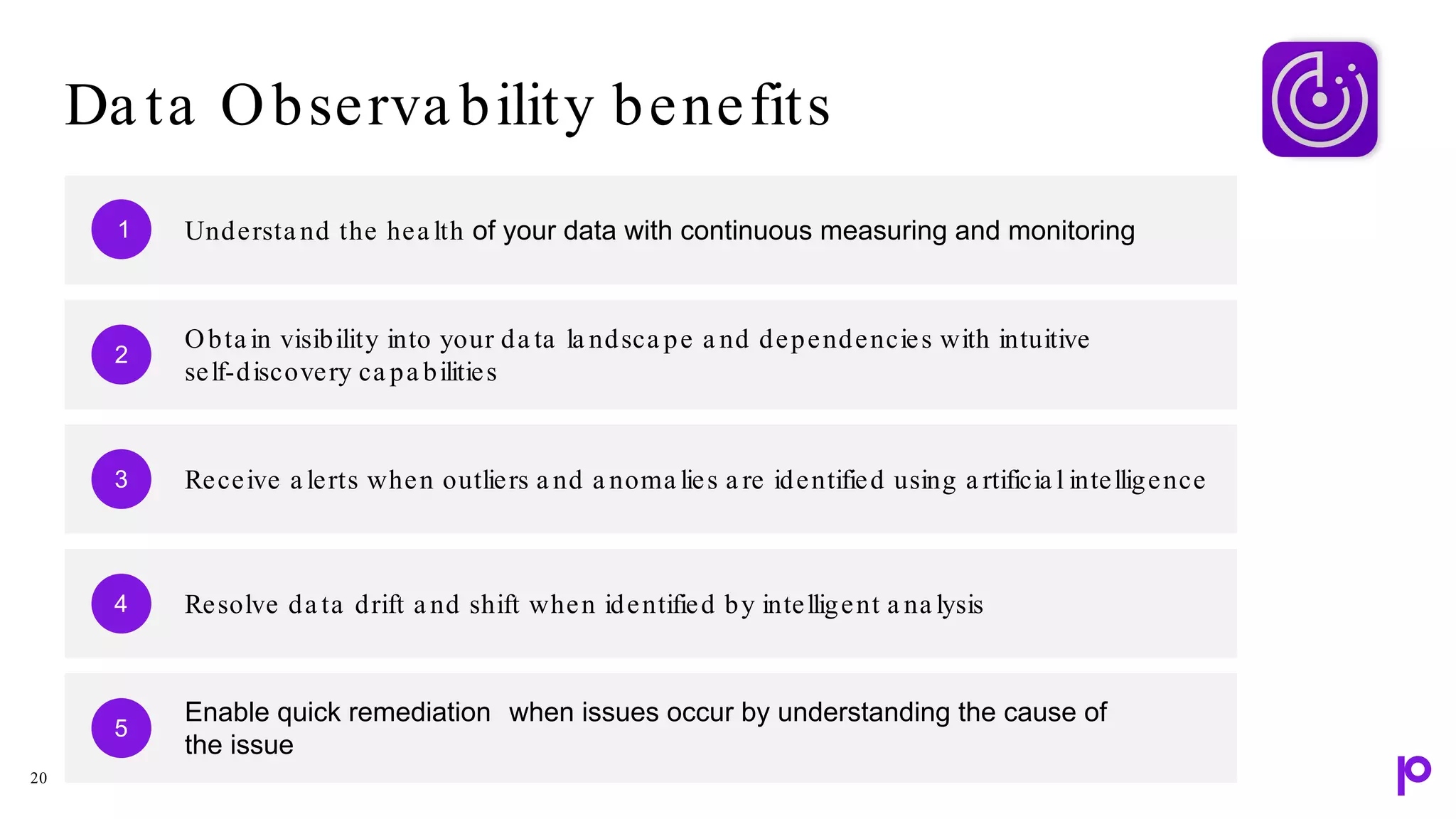 Understa nd the hea lth of your data with continuous measuring and monitoring
Obta in visibility into your da ta la ndsca pe a nd dependencies with intuitive
self-discovery ca pa bilities
Receive a lerts when outliers a nd a noma lies a re identified using a rtificia l intelligence
Resolve da ta drift a nd shift when identified by intelligent a na lysis
1
2
3
4
Enable quick remediation when issues occur by understanding the cause of
the issue
5
Da ta Observa bility benefits
20
 