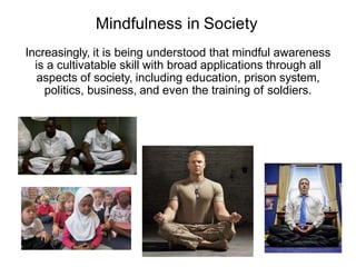 Mindfulness in Society
Increasingly, it is being understood that mindful awareness
is a cultivatable skill with broad applications through all
aspects of society, including education, prison system,
politics, business, and even the training of soldiers.
 