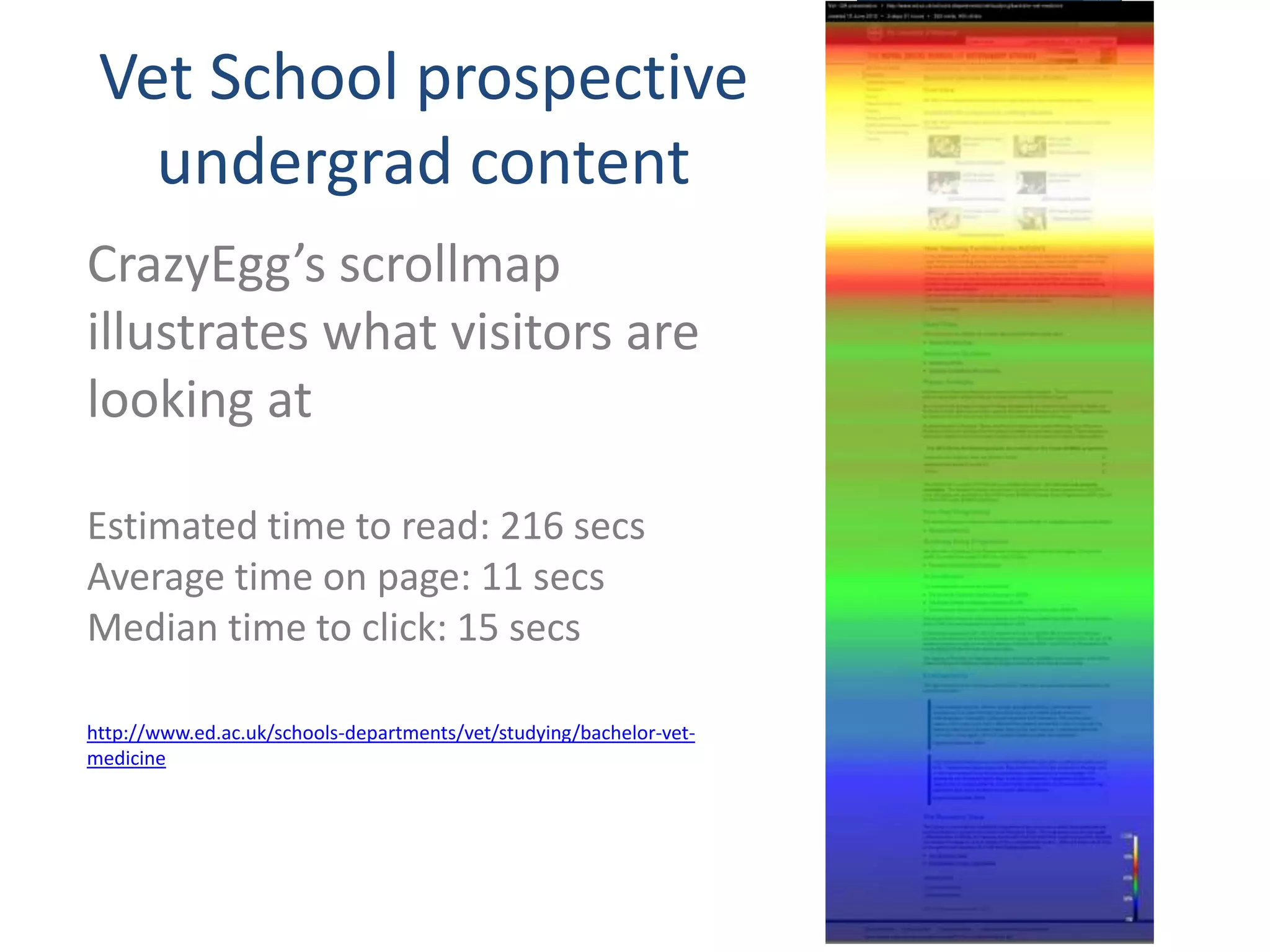 Vet School prospective
   undergrad content
CrazyEgg’s scrollmap
illustrates what visitors are
looking at

Estimated time to read: 216 secs
Average time on page: 11 secs
Median time to click: 15 secs

http://www.ed.ac.uk/schools-departments/vet/studying/bachelor-vet-
medicine
 