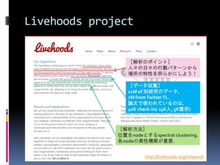 Livehoods project


                 ［解析のポイント］
                 人々の日々の行動パターンから
                 場所の特性を明らかにしよう！

                 ［データ収集］
                 11M of 別研究のデータ，
                 7M from Twitter TL.
                 論文で使われているのは，
                 40K check-ins (4K人, 5K箇所)



              ［解析方法］
              位置をnodeとするspectral clustering.
              各nodeの素性構築が重要．


                        http://livehoods.org/research
 