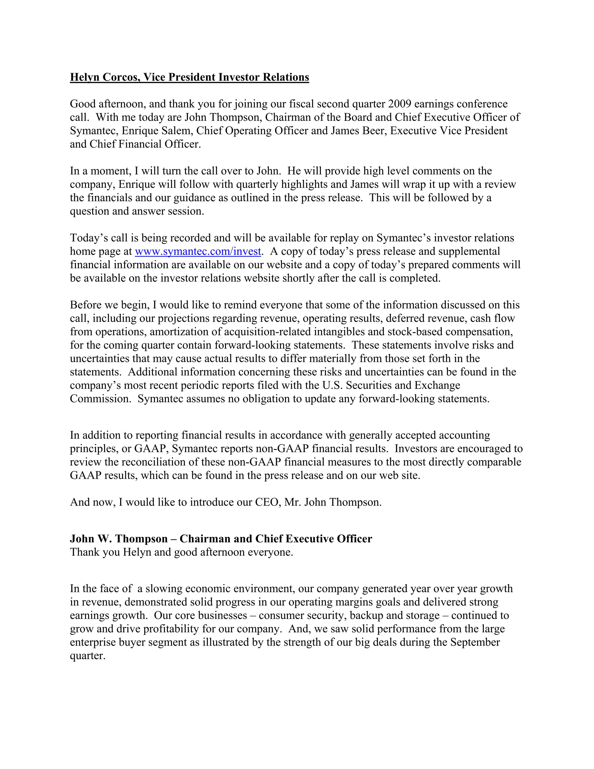 symantec 2QFY09EarningsPreparedRemarks