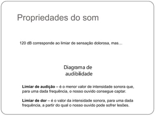 Propriedades do som
Diagrama de
audibilidade
120 dB corresponde ao limiar de sensação dolorosa, mas…
Limiar de audição – é o menor valor de intensidade sonora que,
para uma dada frequência, o nosso ouvido consegue captar.
Limiar de dor – é o valor da intensidade sonora, para uma dada
frequência, a partir do qual o nosso ouvido pode sofrer lesões.
 