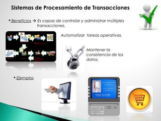  Beneficios  Es capaz de controlar y administrar múltiples
transacciones.
Automatizar tareas operativas.
Mantener la
consistencia de los
datos.
 Ejemplos
Sistemas de Procesamiento de Transacciones
 
