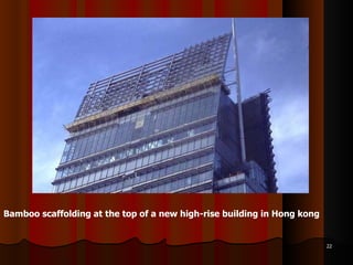 Bamboo scaffolding at the top of a new high-rise building in Hong kong 