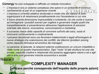 Comergy ha così sviluppato e raffinato un metodo innovativo:
 •   L'impresa è ora un sistema complesso che opera in un ambiente in continuo
 •   cambiamento al pari di un organismo vivente
 •   L'impresa è un'entità adattiva strutturata in modo che sia capace di auto-
     organizzarsi e di relazionarsi proattivamente con l'ecosistema in cui vive
 •   Il futuro diventa dimensione imprevedibile e turbolenta: ciò che conta è riuscire
     ad immaginare i possibili scenari per cogliere e governare meglio quelli che
     inaspettatamente si presenteranno attraverso l'applicazione di soluzioni
     orientate alla ricerca, innovazione, comunicazione e marketing
 •   Il successo nasce dalla capacità di convivere sull'orlo del caos, ossia di
     rinnovarsi continuamente e creativamente
 •   I processi decisionali sono ora fenomeni indeterminati e legati all'emergere di
     nuove strategie che scaturiscono dai conflitti, dai dilemmi (problem solving
     come capacità intrinseca ed emotiva dei manager)
 •   Le persone, le aziende, le relazioni esterne costituiscono un unicum irripetibile e
     vitale come un quadro impressionistico. Ogni “nodo” di tale struttura ha una vita
     privata, capacità creative e relazionali che possono aggiungere valore a sé e agli
     altri e solo così generare crescita economica e sociale
Nasce il
                           COMPLEXITY MANAGER
        [efficace perchè consapevole dell'impatto delle proprie azioni]
 