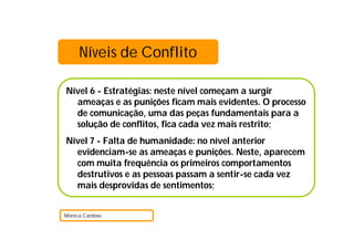 Nível 6 - Estratégias: neste nível começam a surgir
ameaças e as punições ficam mais evidentes. O processo
de comunicação, uma das peças fundamentais para a
solução de conflitos, fica cada vez mais restrito;
Nível 7 - Falta de humanidade: no nível anterior
evidenciam-se as ameaças e punições. Neste, aparecem
com muita frequência os primeiros comportamentos
destrutivos e as pessoas passam a sentir-se cada vez
mais desprovidas de sentimentos;
Mónica Cardoso
Níveis de Conflito
 