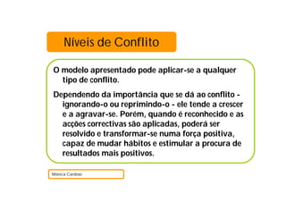 O modelo apresentado pode aplicar-se a qualquer
tipo de conflito.
Dependendo da importância que se dá ao conflito -
ignorando-o ou reprimindo-o - ele tende a crescer
e a agravar-se. Porém, quando é reconhecido e as
acções correctivas são aplicadas, poderá ser
resolvido e transformar-se numa força positiva,
capaz de mudar hábitos e estimular a procura de
resultados mais positivos.
Mónica Cardoso
Níveis de Conflito
 