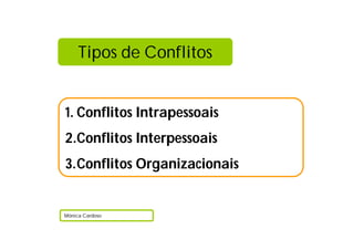 Tipos de Conflitos


1. Conflitos Intrapessoais
2.Conflitos Interpessoais
3.Conflitos Organizacionais


Mónica Cardoso
 