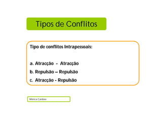Tipos de Conflitos

Tipo de conflitos Intrapessoais:


a. Atracção - Atracção
b. Repulsão – Repulsão
c. Atracção - Repulsão


Mónica Cardoso
 