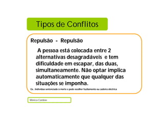 Tipos de Conflitos
Repulsão - Repulsão
      A pessoa está colocada entre 2
     alternativas desagradáveis e tem
     dificuldade em escapar, das duas,
     simultaneamente. Não optar implica
     automaticamente que qualquer das
     situações se imponha.
Ex.. Indivíduo sentenciado à morte e pode escolher fuzilamento ou cadeira eléctrica



Mónica Cardoso
 