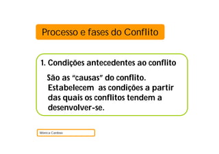 Processo e fases do Conflito


1. Condições antecedentes ao conflito
    São as “causas” do conflito.
    Estabelecem as condições a partir
    das quais os conflitos tendem a
    desenvolver-se.

Mónica Cardoso
 