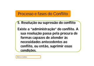 Processo e fases do Conflito

5. Resolução ou supressão do conflito
Existe a “administração” do conflito. A
  sua resolução passa pela procura de
  formas capazes de atender às
  necessidades antecedentes ao
  conflito, ou então, suprimir essas
  condições.
Mónica Cardoso
 