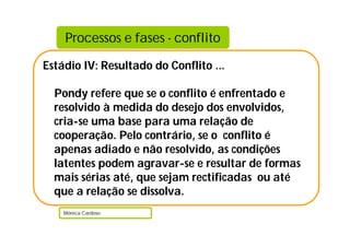 Processos e fases - conflito

Estádio IV: Resultado do Conflito …

  Pondy refere que se o conflito é enfrentado e
  resolvido à medida do desejo dos envolvidos,
  cria-se uma base para uma relação de
  cooperação. Pelo contrário, se o conflito é
  apenas adiado e não resolvido, as condições
  latentes podem agravar-se e resultar de formas
  mais sérias até, que sejam rectificadas ou até
  que a relação se dissolva.
   Mónica Cardoso
 
