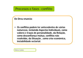 Processos e fases - conflito


De Dreu enuncia:


• Os conflitos podem ter antecedentes de várias
  naturezas, incluindo Aspectos Individuais, como
  valores e traços de personalidade, da Relação,
  como desconfiança mútua, conflitos não
  resolvidos, da Situação , como crise económica,
  instabilidade sectorial.


Mónica Cardoso
 