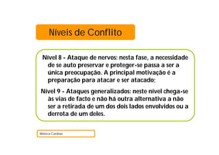 Níveis de Conflito

 Nível 8 - Ataque de nervos: nesta fase, a necessidade
   de se auto preservar e proteger-se passa a ser a
   única preocupação. A principal motivação é a
   preparação para atacar e ser atacado;
Nível 9 - Ataques generalizados: neste nível chega-se
  às vias de facto e não há outra alternativa a não
  ser a retirada de um dos dois lados envolvidos ou a
  derrota de um deles.


Mónica Cardoso
 
