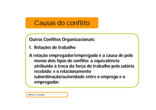 Causas do conflito

Outros Conflitos Organizacionais:
1. Relações de trabalho
A relação empregador/empregado é a causa de pelo
  menos dois tipos de conflito: a equivalência
  atribuída à troca da força do trabalho pelo salário
  recebido; e o relacionamento
  subordinação/autoridade entre o emprego e o
  empregador.

Mónica Cardoso
 
