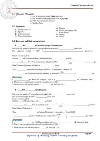Physical Pharmacy-I Lab
Laboratory Notebook Page 14
Department of Pharmacy; Northern University Bangladesh.
3.1. Chemicals / Reagents:
1. 0.1 N Sodium hydroxide (NaOH) solution
2. 0.1 N Potassium hydrogen phthalate (C8H5O4K)
3. 0.5% Phenolphthalein indicator
4. Distilled Water
3.2. Apparatus:
1. Electrical balance
2. Spatula
3. Volumetric flask
4. Measuring cylinder
5. Burette
6. Pipette and pipette filler
7. Conical flask
8. Beaker
9. Funnel
3.3. Reagents and their preparations:
A. N/M mL Potassium Hydrogen Phthalate solution:
The molecular weight of Potassium hydrogen phthalate (KHP) is gram/mol.
The equivalent weight of KHP = gram/mol.
Hence, we can say that:
gm
1000
(KHP)
phthalate
hydrogen
Potassium
N/M
mL
KHP
gm
(KHP)
phthalate
hydrogen
Potassium
N/M
mL
1000






Since Potassium hydrogen phthalate is %pure
 
gm
100
in
present
is
phthalate
hydrogen
Potassium
gm
KHP
gm
100
in
present
is
phthalate
hydrogen
Potassium
gm
Thus,





Preparation
1. gm KHP was weighed out in a mL volumetric flask;
2. Then it was completely dissolved with a small portion of DW.
3. Finally the volume was adjusted to mL with DW Q.S.
B. N/M mL NaOH solution:
The molecular weight of Sodium Hydroxide (NaOH) is gram/mol.
The equivalent weight of NaOH = gram/mol.
Hence, we can say that:
NaOH
gm
1000
Hydroxide
Sodium
N/M
mL
NaOH
m
g
Hydroxide
Sodium
N/M
mL
1000






Since Sodium Hydroxide is %pure
 
NaOH
gm
100
in
present
is
Hydroxide
Sodium
gm
NaOH
gm
100
in
present
is
Hydroxide
Sodium
gm
Thus,





Preparation
1. gm NaOH was weighed out in a mL volumetric flask.
2. Then it was completely dissolved with a small portion of DW.
3. Finally the volume was adjusted to mL with DW Q.S.
 