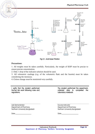 Physical Pharmacy-I Lab
Laboratory Notebook Page 16
Department of Pharmacy; Northern University Bangladesh.
Fig-3.1.: Acid-base Titration
Precautions:
1. All weights must be taken carefully. Particularly, the weight of KHP must be precise to
ensure precise concentration.
2. Only 1 drop of the indicator solution should be used.
3. All volumetric readings (e.g. of the volumetric flask and the burette) must be taken
considering the meniscus.
4. Colour change must be monitored very carefully.
I verify that the student performed
his/her lab work following rules and
regulations.
The student performed the experiment,
collected data & completed the
Laboratory notebook:
Lab Demonstrator
Department of Pharmacy
Northern University Bangladesh
Course instructor
Department of Pharmacy
Northern University Bangladesh
Date:__________________ Date:___________________
 