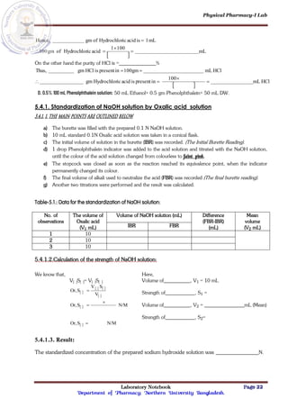 Physical Pharmacy-I Lab
Laboratory Notebook Page 22
Department of Pharmacy; Northern University Bangladesh.
 
mL
100
1
acid
ic
Hydrochlor
of
gm
100
mL
1
is
acid
ic
Hydrochlor
of
gm
Hence,





On the other hand the purity of HCl is = %
 
HCl
mL
100
in
present
is
acid
ic
Hydrochlor
gm
HCl
mL
100gm
in
present
is
HCl
gm
Thus,






D. 0.5% 100 mL Phenolphthalein solution: 50 mL Ethanol+ 0.5 gm Phenolphthalein+ 50 mL DW.
5.4.1. Standardization of NaOH solution by Oxalic acid solution
5.4.1. 1. The main points are outlined below
a) The burette was filled with the prepared 0.1 N NaOH solution.
b) 10 mL standard 0.1N Oxalic acid solution was taken in a conical flask.
c) The initial volume of solution in the burette (IBR) was recorded. (The Initial Burette Reading).
d) 1 drop Phenolphthalein indicator was added to the acid solution and titrated with the NaOH solution,
until the colour of the acid solution changed from colourless to faint pink.
e) The stopcock was closed as soon as the reaction reached its equivalence point, when the indicator
permanently changed its colour.
f) The final volume of alkali used to neutralize the acid (FBR) was recorded (The final burette reading).
g) Another two titrations were performed and the result was calculated.
Table-5.1.: Data for the standardization of NaOH solution:
No. of
observations
The volume of
Oxalic acid
(V1 mL)
Volume of NaOH solution (mL) Difference
(FBR-IBR)
(mL)
Mean
volume
(V2 mL)
IBR FBR
1 10
2 10
3 10
5.4.1.2.Calculation of the strength of NaOH solution:
We know that,
V[ ]S[ ]= V[ ]S[ ]
 
   
 
 
  N/M
S
Or,
N/M
S
Or,
V
S
V
S
Or,




Here,
Volume of , V1 = 10 mL
Strength of , S1 =
Volume of , V2 = mL (Mean)
Strength of , S2=
5.4.1.3. Result:
The standardized concentration of the prepared sodium hydroxide solution was N.
 