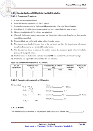 Physical Pharmacy-I Lab
Laboratory Notebook Page 23
Department of Pharmacy; Northern University Bangladesh.
5.4.2. Standardization of HCl solution by NaOH solution
5.4.2.1. Experimental Procedures:
1. A clean and dry burette was taken.
2. It was filled with the prepared 0.1 N NaOH solution.
3. The initial volume of solution in the burette (IBR) was recorded. (The Initial Burette Reading).
4. Then 10 mL 0.1N HCl acid solution was pipetted out into a conical flask with great accuracy.
5. 01 drop phenolphthalein (HPh) indicator was added to it.
6. Afterward, the burette's stopcock was opened and the standard solution was allowed to run down into the
conical (Erlenmeyer) flask.
7. The conical flask was swirled while adding solution from the burette.
8. The stopcock was closed at the very close to the end point, and then the stopcock was only opened
enough to allow one drop at a time to fall from the burette.
9. The stopcock was closed as soon as the reaction reached its equivalence point, when the indicator
permanently changed its colour.
10. The final volume of alkali used to neutralize the acid (FBR) was recorded (The final burette reading).
11. The titration was repeated two times and the titre was calculated.
Table-5.2.: Data for standardization of HCl solution:
No. of
observations
Volume of HCl
(V1 mL)
Volume of NaOH solution
(mL)
Difference
(FBR-IBR)
(mL)
Mean volume
(V2 mL)
IBR FBR
1 10
2 10
3 10
5.4.2.2. Calculation of the strength of HCl solution:
We know that,
V[ ]S[ ]= V[ ]S[ ]
 
   
 
 
  N/M
S
Or,
N/M
S
Or,
V
S
V
S
Or,




Here,
Volume of , V1 = 10 mL
Strength of , S1 =
Volume of , V2 = mL (Mean)
Strength of , S2=
5.4.2.3. Result:
The standardized concentration of the prepared hydrochloric acid solution was N.
 