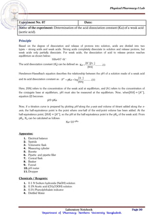Physical Pharmacy-I Lab
Laboratory Notebook Page 30
Department of Pharmacy; Northern University Bangladesh.
Experiment No. 07 Date:
Name of the experiment: Determination of the acid dissociation constant (Ka) of a weak acid
(acetic acid).
Principle
Based on the degree of dissociation and release of protons into solution, acids are divided into two
types – strong acids and weak acids. Strong acids completely dissociate in solution and release protons, but
weak acids only partially dissociate. For weak acids, the dissociation of acid to release proton reaches
equilibrium as shown below:
HA⇌H++A—
The acid dissociation constant (Ka) can be defined as: ..(i)
..........
[HA]
]
][A
[H
Ka
_


Henderson-Hasselbach equation describes the relationship between the pH of a solution made of a weak acid
and its acid dissociation constant as : ..(ii)
..........
[HA]
]
[A
log
pKa
P
_
H


Here, [HA] refers to the concentration of the weak acid at equilibrium, and [A ] refers to the concentration of
the conjugate base at equilibrium, pH must also be measured at the equilibrium. Now, when[ ] [ ],
equation (2) becomes:
pH=pKa
Now, if a titration curve is prepared by plotting pH along the y-axis and volume of titrant added along the x-
axis, the half-equivalence point is the point where one-half of the end-point volume has been added. At the
half-equivalence point, [ ] [ ], so the pH at the half-equivalence point is the pKa of the weak acid. From
pKa, Ka can be calculated as follows:
Ka=10–pKa
Apparatus:
1. Electrical balance
2. Spatula
3. Volumetric flask
4. Measuring cylinder
5. Burette
6. Pipette and pipette filler
7. Conical flask
8. Beaker
9. Funnel
10.pH meter
11.Dropper
Chemicals / Reagents:
1. 0.1 N Sodium hydroxide (NaOH) solution
2. 0.1N Acetic acid (CH3COOH) solution
3. 0.5% Phenolphthalein indicator
4. Distilled Water
 