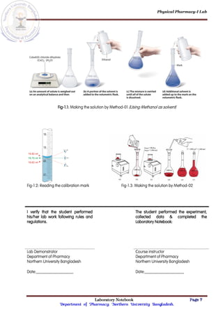 Physical Pharmacy-I Lab
Laboratory Notebook Page 7
Department of Pharmacy; Northern University Bangladesh.
Fig-1.1: Making the solution by Method-01 [Using Methanol as solvent]
Fig-1.2: Reading the calibration mark Fig-1.3: Making the solution by Method-02
I verify that the student performed
his/her lab work following rules and
regulations.
The student performed the experiment,
collected data & completed the
Laboratory Notebook:
Lab Demonstrator
Department of Pharmacy
Northern University Bangladesh
Course instructor
Department of Pharmacy
Northern University Bangladesh
Date:__________________ Date:___________________
 