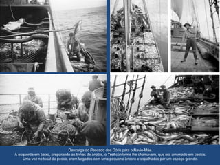 Descarga do Pescado dos Dóris para o Navio-Mãe.
À esquerda em baixo, preparando as linhas de anzóis, o Trol conforme lhe chamavam, que era arrumado em cestos.
Uma vez no local de pesca, eram largados com uma pequena âncora e espalhados por um espaço grande.
 
