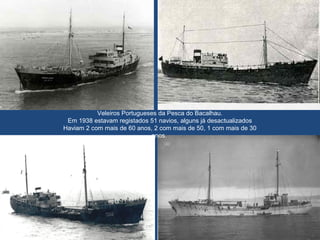 Veleiros Portugueses da Pesca do Bacalhau.
Em 1938 estavam registados 51 navios, alguns já desactualizados
Haviam 2 com mais de 60 anos, 2 com mais de 50, 1 com mais de 30
anos.
 
