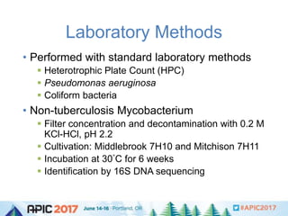 Laboratory Methods
• Performed with standard laboratory methods
 Heterotrophic Plate Count (HPC)
 Pseudomonas aeruginosa...