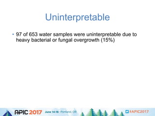 Uninterpretable
• 97 of 653 water samples were uninterpretable due to
heavy bacterial or fungal overgrowth (15%)
 