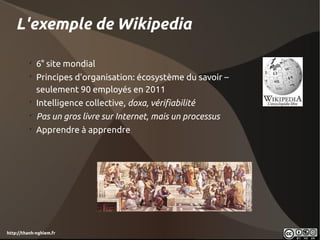 L'exemple de Wikipedia

          
              6° site mondial
          
              Principes d'organisation: écosystème du savoir –
              seulement 90 employés en 2011
          
              Intelligence collective, doxa, vérifiabilité
          
              Pas un gros livre sur Internet, mais un processus
          
              Apprendre à apprendre




http://thanh-nghiem.fr
 