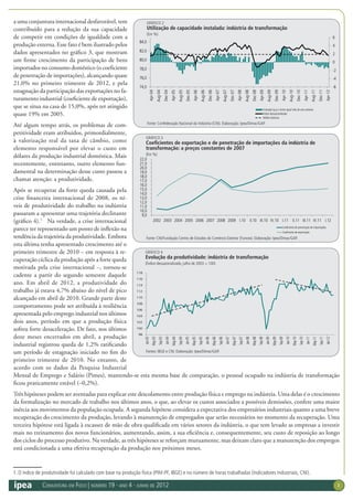 Conjuntura em Foco | número 19 · ano 4 · junho de 2012 2
a uma conjuntura internacional desfavorável, tem
contribuído para a redução da sua capacidade
de competir em condições de igualdade com a
produção externa. Esse fato é bem ilustrado pelos
dados apresentados no gráfico 3, que mostram
um firme crescimento da participação de bens
importados no consumo doméstico (o coeficiente
de penetração de importações), alcançando quase
21,0% no primeiro trimestre de 2012, e pela
estagnação da participação das exportações no fa-
turamento industrial (coeficiente de exportação),
que se situa na casa de 15,0%, após ter atingido
quase 19% em 2005.
Até algum tempo atrás, os problemas de com-
petitividade eram atribuídos, primordialmente,
à valorização real da taxa de câmbio, como
elemento responsável por elevar o custo em
dólares da produção industrial doméstica. Mais
recentemente, entretanto, outro elemento fun-
damental na determinação desse custo passou a
chamar atenção: a produtividade.
Após se recuperar da forte queda causada pela
crise financeira internacional de 2008, os ní-
veis de produtividade do trabalho na indústria
passaram a apresentar uma trajetória declinante
(gráfico 4).1
Na verdade, a crise internacional
parece ter representado um ponto de inflexão na
tendência da trajetória da produtividade. Embora
esta última tenha apresentado crescimento até o
primeiro trimestre de 2010 − em resposta à re-
cuperação cíclica da produção após a forte queda
motivada pela crise internacional −, tornou-se
cadente a partir do segundo semestre daquele
ano. Em abril de 2012, a produtividade do
trabalho já estava 4,7% abaixo do nível de pico
alcançado em abril de 2010. Grande parte deste
comportamento pode ser atribuída à resiliência
apresentada pelo emprego industrial nos últimos
dois anos, período em que a produção física
sofreu forte desaceleração. De fato, nos últimos
doze meses encerrados em abril, a produção
industrial registrou queda de 1,2% ratificando
um período de estagnação iniciado no fim do
primeiro trimestre de 2010. No entanto, de
acordo com os dados da Pesquisa Industrial
Mensal de Emprego e Salário (Pimes), mantendo-se esta mesma base de comparação, o pessoal ocupado na indústria de transformação
ficou praticamente estável (–0,2%).
Três hipóteses podem ser aventadas para explicar este descolamento entre produção física e emprego na indústria. Uma delas é o crescimento
da formalização no mercado de trabalho nos últimos anos, o que, ao elevar os custos associados a possíveis demissões, confere uma maior
inércia aos movimentos da população ocupada. A segunda hipótese considera a expectativa dos empresários industriais quanto a uma breve
recuperação do crescimento da produção, levando à manutenção de empregados que serão necessários no momento da recuperação. Uma
terceira hipótese está ligada à escassez de mão de obra qualificada em vários setores da indústria, o que tem levado as empresas a investir
mais no treinamento dos novos funcionários, aumentando, assim, a sua eficiência e, consequentemente, seu custo de reposição ao longo
dos ciclos do processo produtivo. Na verdade, as três hipóteses se reforçam mutuamente, mas deixam claro que a manutenção dos empregos
está condicionada a uma efetiva recuperação da produção nos próximos meses.
GRÁFICO 2
Utilização de capacidade instalada: indústria de transformação
(Em %)
Fonte: Confederação Nacional da Indústria (CNI). Elaboração: Ipea/Dimac/GAP.
-6
-4
-2
0
2
4
6
74,0
76,0
78,0
80,0
82,0
84,0
Apr-04
Aug-04
Dec-04
Apr-05
Aug-05
Dec-05
Apr-06
Aug-06
Dec-06
Apr-07
Aug-07
Dec-07
Apr-08
Aug-08
Dec-08
Apr-09
Aug-09
Dec-09
Apr-10
Aug-10
Dec-10
Apr-11
Aug-11
Dec-11
Apr-12
Variação (p.p.) contra igual mês do ano anterior
Índice dessazonalizado
Média histórica
1. O índice de produtividade foi calculado com base na produção física (PIM-PF, IBGE) e no número de horas trabalhadas (Indicadores Industriais, CNI).
Fonte: CNI/Fundação Centro de Estudos do Comércio Exterior (Funcex). Elaboração: Ipea/Dimac/GAP.
GRÁFICO 3
Coeficientes de exportação e de penetração de importações da indústria de
transformação: a preços constantes de 2007
(Em %)
9,0
10,0
11,0
12,0
13,0
14,0
15,0
16,0
17,0
18,0
19,0
20,0
21,0
22,0
2002 2003 2004 2005 2006 2007 2008 2009 I.10 II.10 III.10 IV.10 I.11 II.11 III.11 IV.11 I.12
Coeficiente de penetração de importações
Coeficiente de exportação
GRÁFICO 4
Evolução da produtividade: indústria de transformação
(Índice dessazonalizado, julho de 2003 = 100)
Fontes: IBGE e CNI. Elaboração: Ipea/Dimac/GAP.
98
100
102
104
106
108
110
112
114
116
118
Jan-03
May-03
Sep-03
Jan-04
May-04
Sep-04
Jan-05
May-05
Sep-05
Jan-06
May-06
Sep-06
Jan-07
May-07
Sep-07
Jan-08
May-08
Sep-08
Jan-09
May-09
Sep-09
Jan-10
May-10
Sep-10
Jan-11
May-11
Sep-11
Jan-12
 