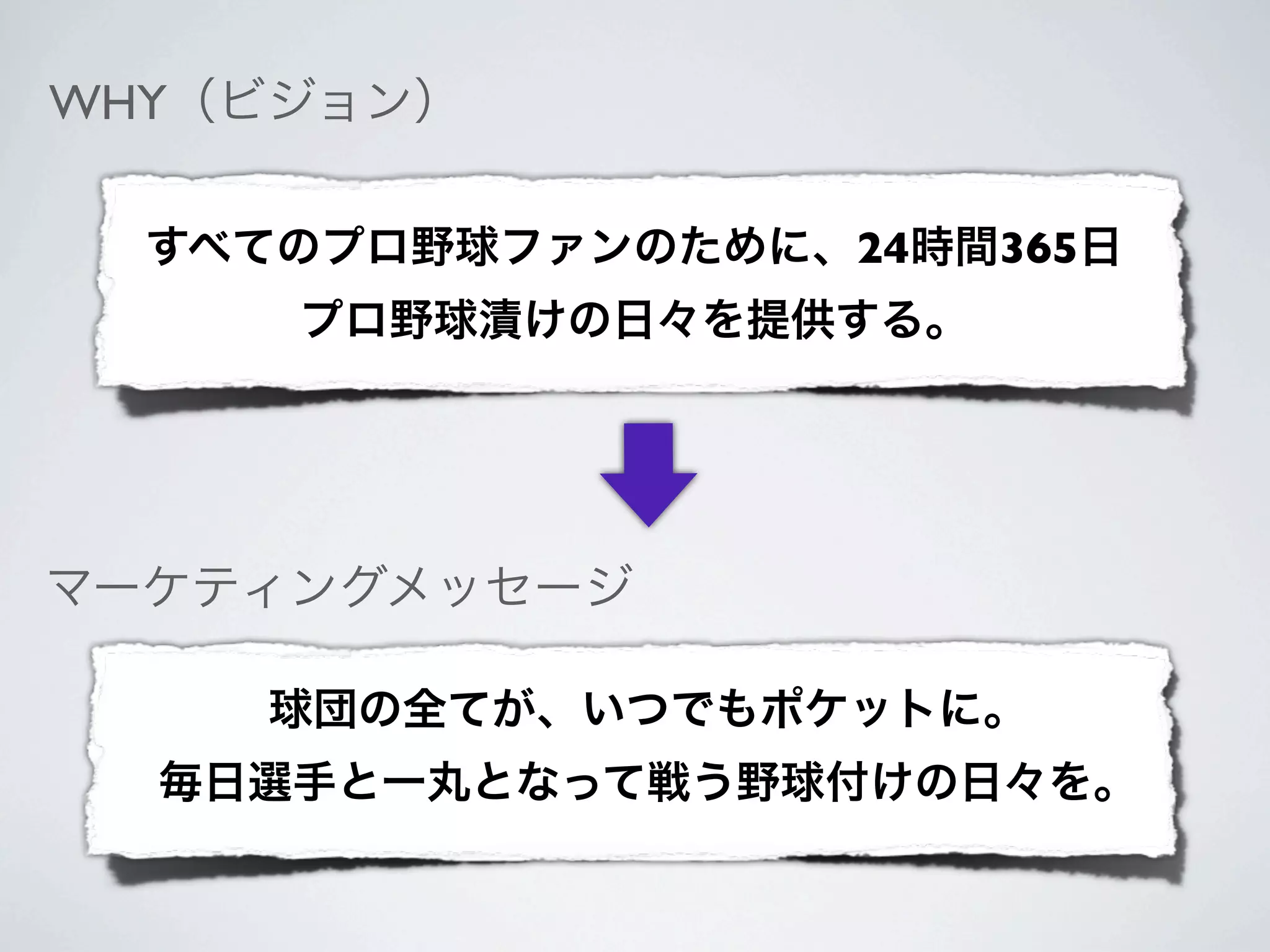 WHY（ビジョン）

  すべてのプロ野球ファンのために、24時間365日
     プロ野球漬けの日々を提供する。




マーケティングメッセージ

     球団の全てが、いつでもポケットに。
  毎日選手と一丸となって戦う野球付けの日々を。
 