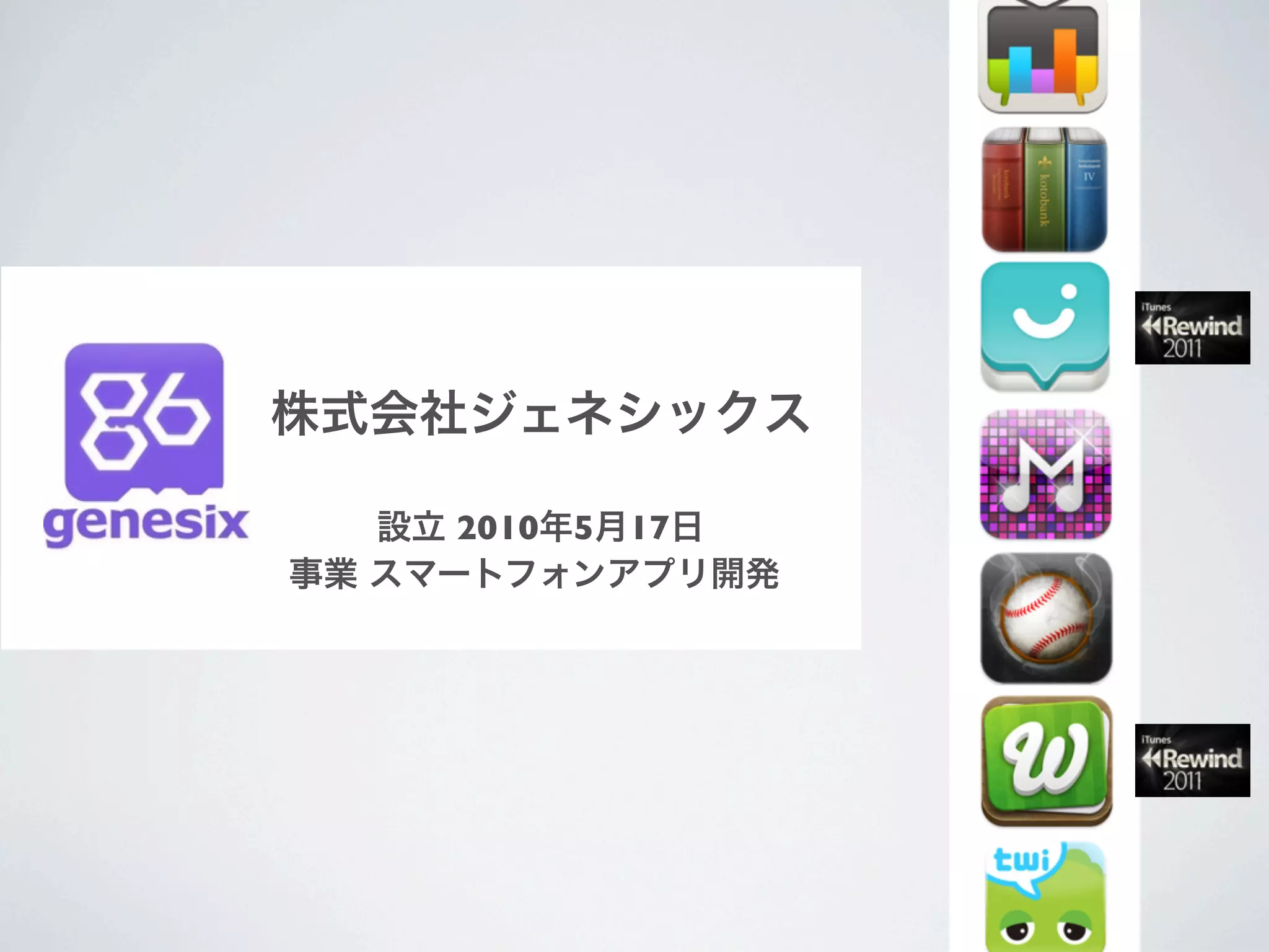 株式会社ジェネシックス

   設立 2010年5月17日
事業 スマートフォンアプリ開発
 