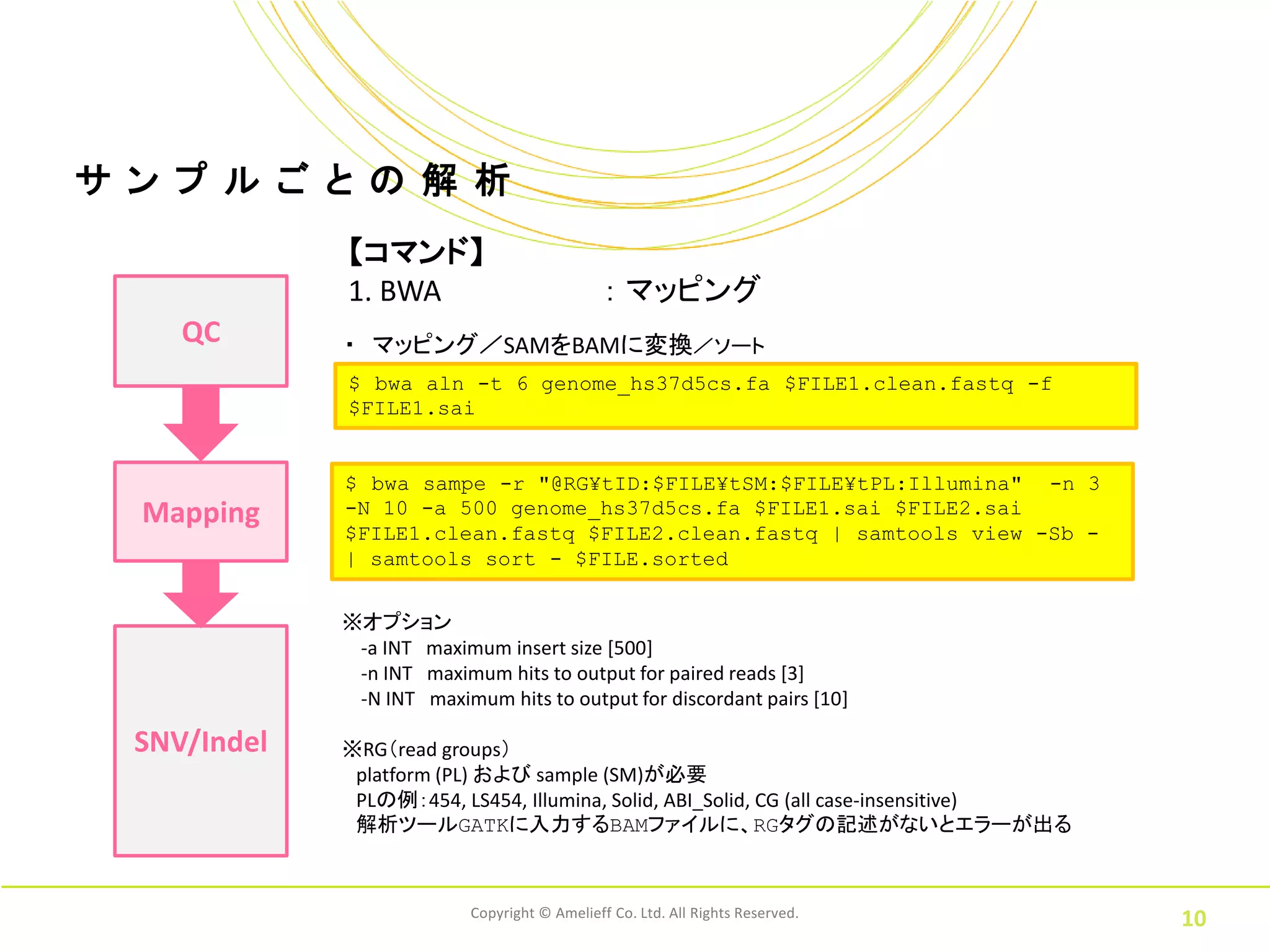 サ ン プ ル ご と の 解 析
              【コマンド】
              1. BWA                            ： マッピング
     QC       ・ マッピング／SAMをBAMに変換／ソート
              $ bwa aln -t 6 genome_hs37d5cs.fa $FILE1.clean.fastq -f
              $FILE1.sai


              $ bwa sampe -r "@RG¥tID:$FILE¥tSM:$FILE¥tPL:Illumina" -n 3
  Mapping     -N 10 -a 500 genome_hs37d5cs.fa $FILE1.sai $FILE2.sai
              $FILE1.clean.fastq $FILE2.clean.fastq | samtools view -Sb -
              | samtools sort - $FILE.sorted


              ※オプション
               -a INT maximum insert size [500]
               -n INT maximum hits to output for paired reads [3]
               -N INT maximum hits to output for discordant pairs [10]

  SNV/Indel   ※RG（read groups）
               platform (PL) および sample (SM)が必要
               PLの例：454, LS454, Illumina, Solid, ABI_Solid, CG (all case-insensitive)
               解析ツールGATKに入力するBAMファイルに、RGタグの記述がないとエラーが出る



                            Copyright © Amelieff Co. Ltd. All Rights Reserved.
                                                                                        10
 