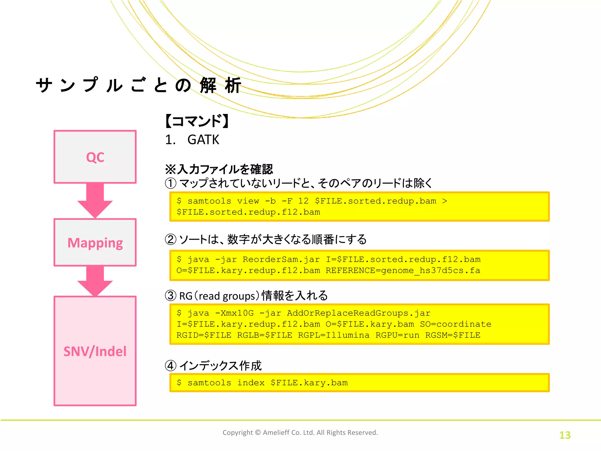 サ ン プ ル ご と の 解 析
              【コマンド】
              1. GATK
     QC
              ※入力ファイルを確認
              ① マップされていないリードと、そのペアのリードは除く
               $ samtools view -b -F 12 $FILE.sorted.redup.bam >
               $FILE.sorted.redup.f12.bam


  Mapping     ② ソートは、数字が大きくなる順番にする
               $ java -jar ReorderSam.jar I=$FILE.sorted.redup.f12.bam
               O=$FILE.kary.redup.f12.bam REFERENCE=genome_hs37d5cs.fa

              ③ RG（read groups）情報を入れる
               $ java -Xmx10G -jar AddOrReplaceReadGroups.jar
               I=$FILE.kary.redup.f12.bam O=$FILE.kary.bam SO=coordinate
               RGID=$FILE RGLB=$FILE RGPL=Illumina RGPU=run RGSM=$FILE
  SNV/Indel
              ④ インデックス作成
               $ samtools index $FILE.kary.bam




                       Copyright © Amelieff Co. Ltd. All Rights Reserved.
                                                                            13
 