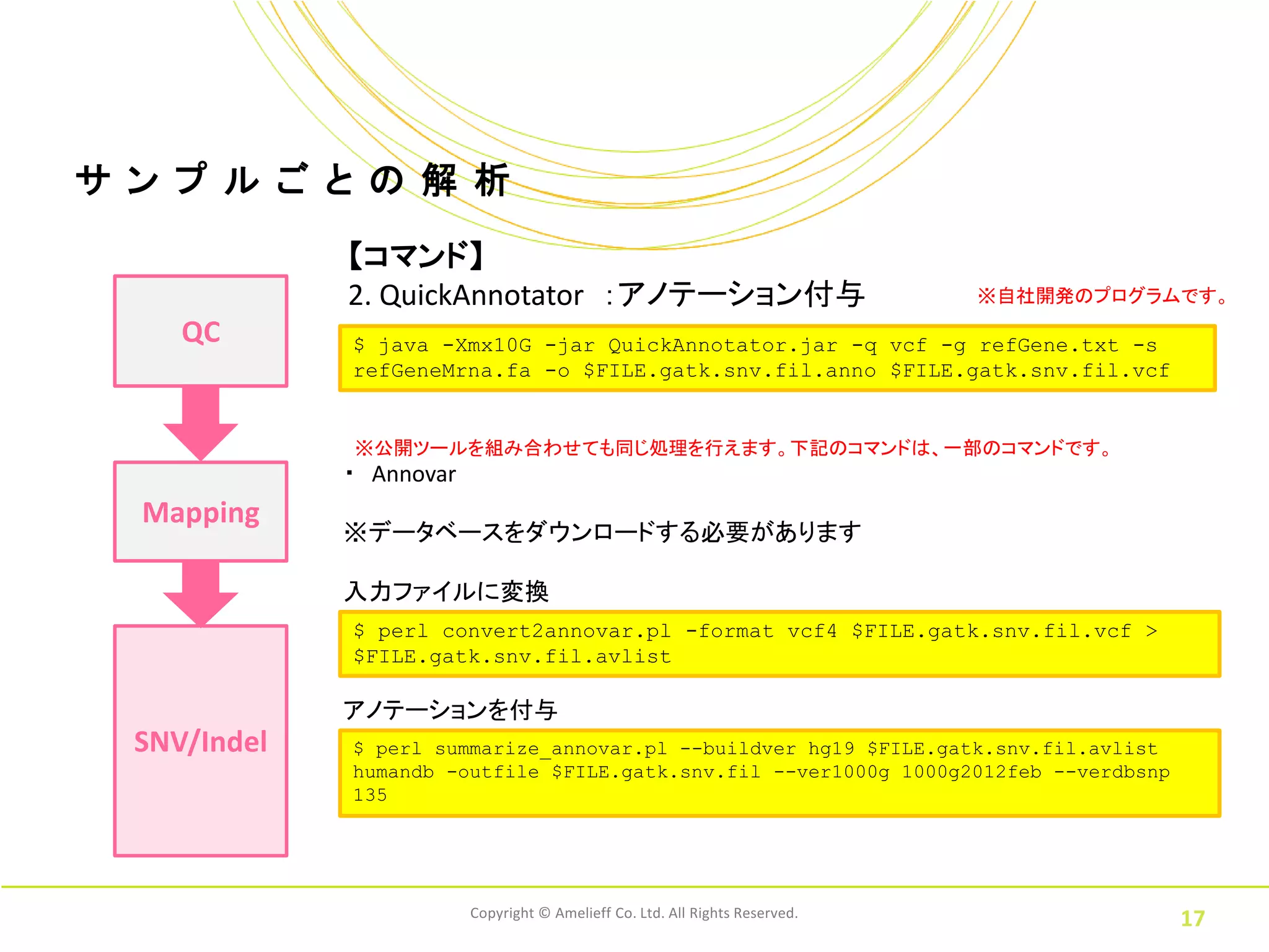 サ ン プ ル ご と の 解 析
              【コマンド】
              2. QuickAnnotator ：アノテーション付与                                     ※自社開発のプログラムです。

     QC       $ java -Xmx10G -jar QuickAnnotator.jar -q vcf -g refGene.txt -s
              refGeneMrna.fa -o $FILE.gatk.snv.fil.anno $FILE.gatk.snv.fil.vcf


              ※公開ツールを組み合わせても同じ処理を行えます。下記のコマンドは、一部のコマンドです。
              ・ Annovar
  Mapping
              ※データベースをダウンロードする必要があります

              入力ファイルに変換
              $ perl convert2annovar.pl -format vcf4 $FILE.gatk.snv.fil.vcf >
              $FILE.gatk.snv.fil.avlist

              アノテーションを付与
  SNV/Indel   $ perl summarize_annovar.pl --buildver hg19 $FILE.gatk.snv.fil.avlist
              humandb -outfile $FILE.gatk.snv.fil --ver1000g 1000g2012feb --verdbsnp
              135




                          Copyright © Amelieff Co. Ltd. All Rights Reserved.
                                                                                          17
 