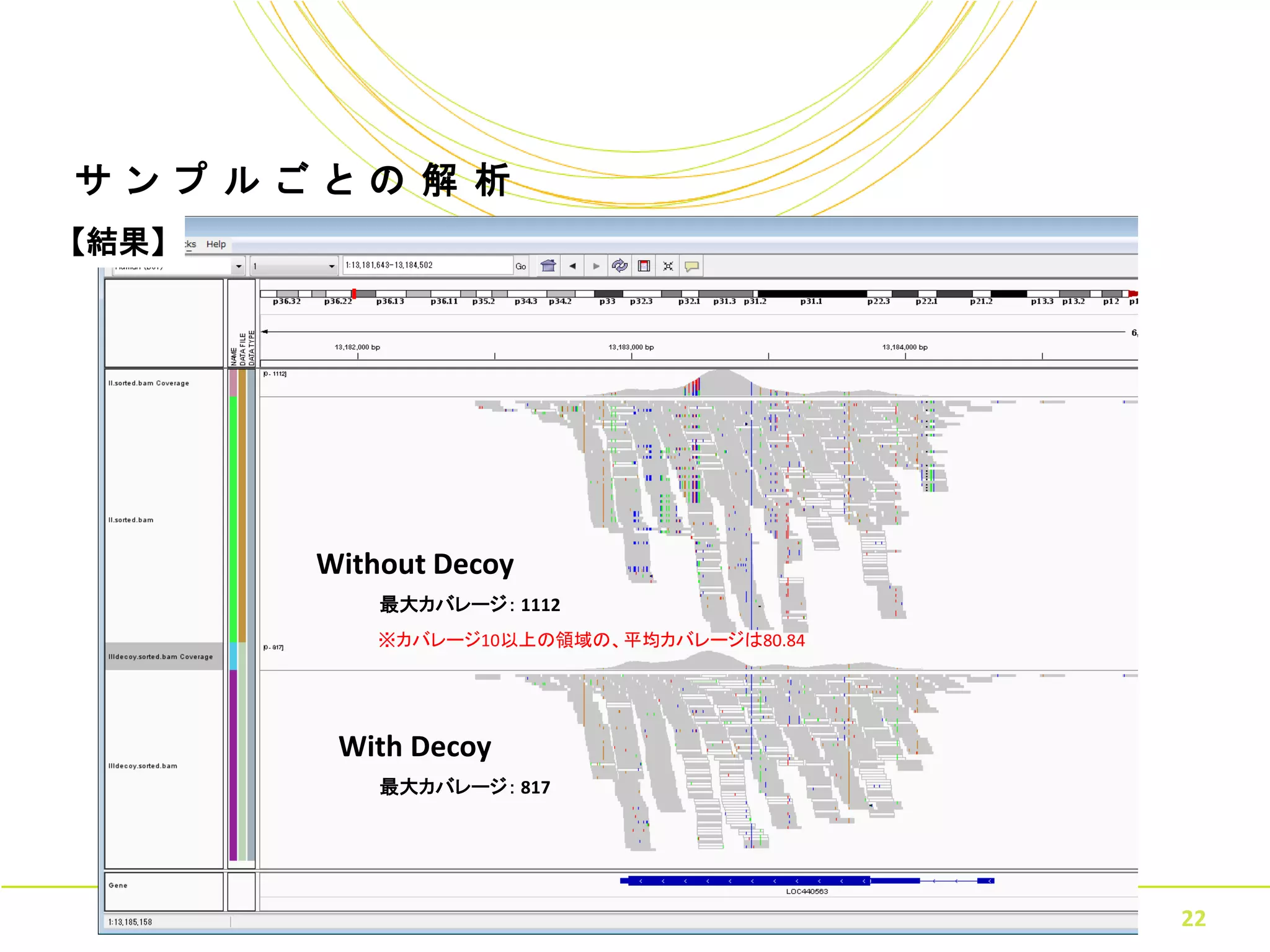 サ ン プ ル ご と の 解 析
【結果】




         Without Decoy
             最大カバレージ： 1112
             ※カバレージ10以上の領域の、平均カバレージは80.84




          With Decoy
             最大カバレージ： 817




                   Copyright © Amelieff Co. Ltd. All Rights Reserved.
                                                                        22
 