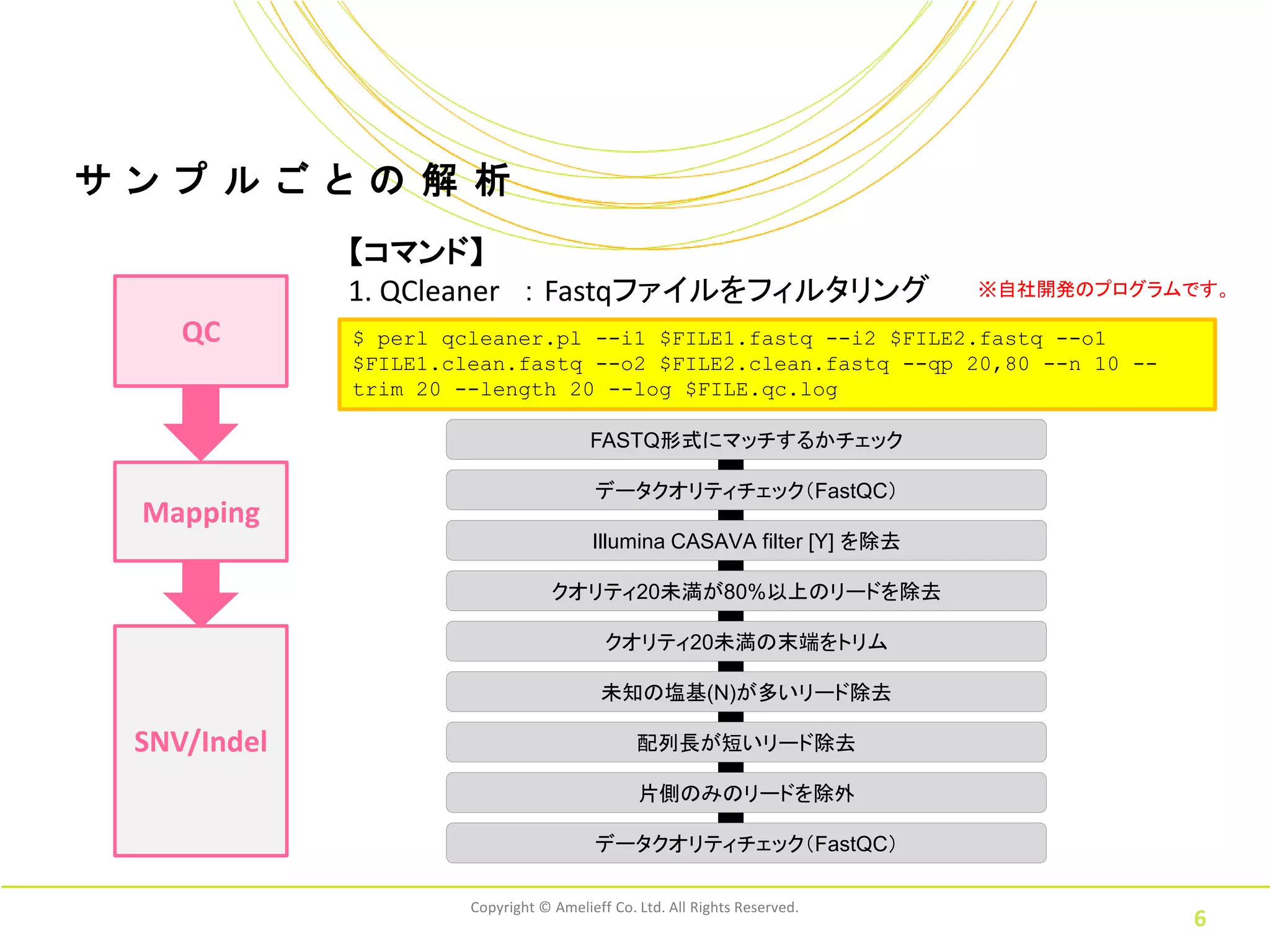 サ ン プ ル ご と の 解 析
              【コマンド】
              1. QCleaner ： Fastqファイルをフィルタリング                               ※自社開発のプログラムです。

     QC       $ perl qcleaner.pl --i1 $FILE1.fastq --i2 $FILE2.fastq --o1
              $FILE1.clean.fastq --o2 $FILE2.clean.fastq --qp 20,80 --n 10 --
              trim 20 --length 20 --log $FILE.qc.log

                                         FASTQ形式にマッチするかチェック

                                         データクオリティチェック（FastQC）
  Mapping
                                         Illumina CASAVA filter [Y] を除去

                                   クオリティ20未満が80%以上のリードを除去

                                           クオリティ20未満の末端をトリム

                                          未知の塩基(N)が多いリード除去

  SNV/Indel                                     配列長が短いリード除去

                                                片側のみのリードを除外

                                         データクオリティチェック（FastQC）

                       Copyright © Amelieff Co. Ltd. All Rights Reserved.
                                                                                       6
 