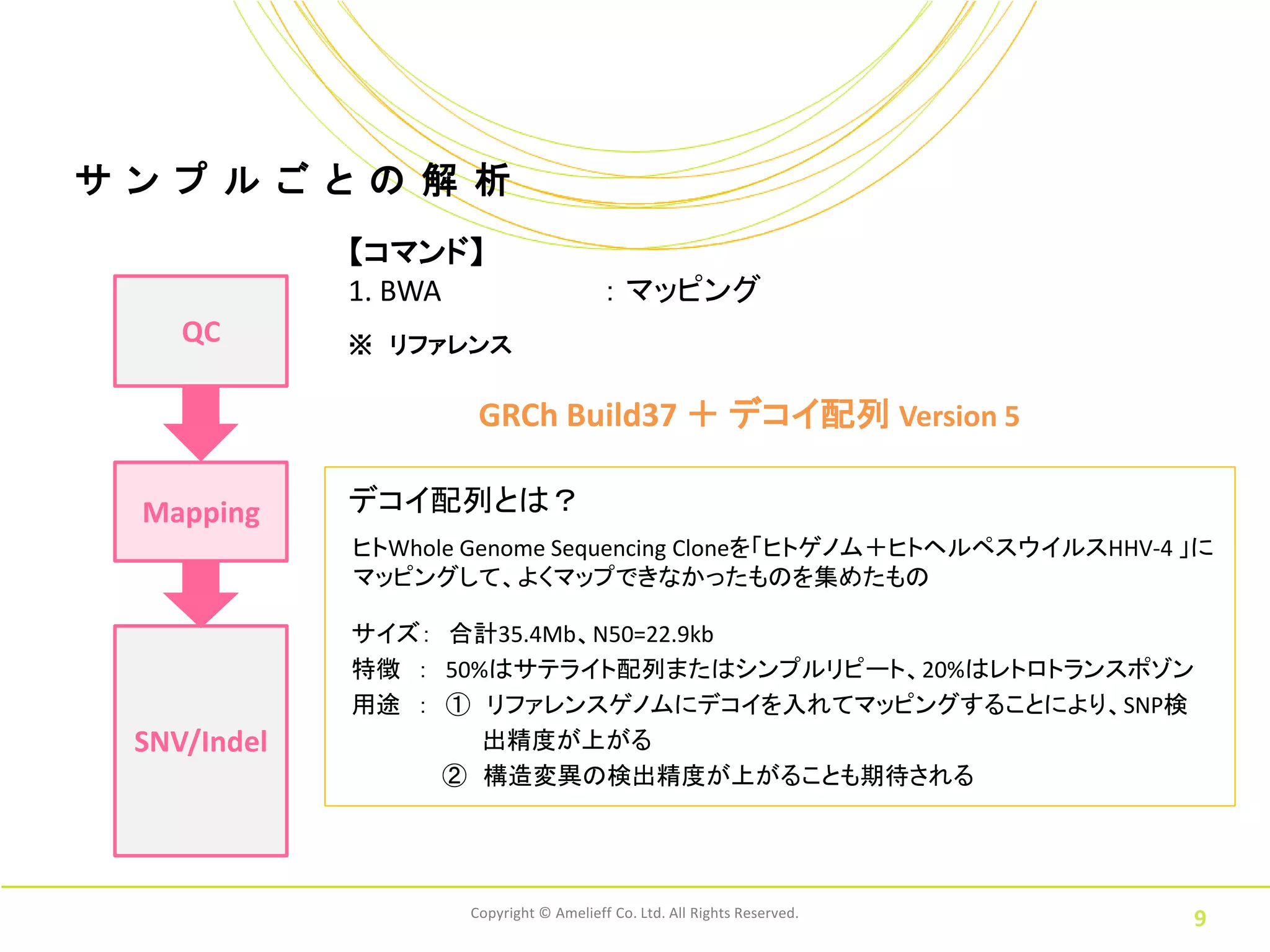サ ン プ ル ご と の 解 析
              【コマンド】
              1. BWA                     ： マッピング
     QC       ※ リファレンス

                      GRCh Build37 ＋ デコイ配列 Version 5

  Mapping     デコイ配列とは？
              ヒトWhole Genome Sequencing Cloneを「ヒトゲノム＋ヒトヘルペスウイルスHHV-4 」に
              マッピングして、よくマップできなかったものを集めたもの

              サイズ： 合計35.4Mb、N50=22.9kb
              特徴 ： 50%はサテライト配列またはシンプルリピート、20%はレトロトランスポゾン
              用途 ： ① リファレンスゲノムにデコイを入れてマッピングすることにより、SNP検
  SNV/Indel           出精度が上がる
                   ② 構造変異の検出精度が上がることも期待される




                     Copyright © Amelieff Co. Ltd. All Rights Reserved.
                                                                          9
 