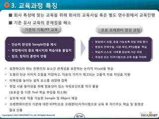 3. 교육과정 특징
      ■ 회사 특성에 맞는 교육을 위해 회사의 교육시설 혹은 별도 연수원에서 교육진행
      ■ 기존 유사 교육의 문제점을 해소
                        기존의 기획/PT 교육                                  프로 프레젠터 양성 과정


                                                                  • 현업에서 조합, 응용 가능토록 작업 과정 중시
      • 단순히 완성된 Sample만을 제시
                                                                  • 현업의 전략수립, 사업 제안, PT상황을 학습
      • 현업에서의 중요 메시지와 학습내용 불일치
                                                                  • 학습자 스스로 사례를 완성해 가는 과정
      • 창조, 창작의 훈련이 안됨                                            • 객관성 있는 자격시험으로 교육 효율 극대화



   표현하고자 하는 컨텐츠의 요소간 관계성을 표현하는 논리적 Visual을 학습
   도형의 단순 이미지 조합을 지양하고, 자료의 가치가 제고되는 고품격 자료 작성을 지향
   이해성을 높이는 설득 요소를 과정에 접목
   현업 사용 용이성을 위해 범용성이 있는 파워포인트를 적극 활용
       (포토샵 등 다른 Tool 학습 부담을 최소화)
   실무에 바로 적용 가능한 Sample 및 Object 제공
   프레젠테이션의 기본에 대한 ICPP(프로 프레젠터)자격시험으로 교육 후 자기주도 학습 및 동영상
       결과 산출
Copyright(c) 2012 INKIUMNET Co, Ltd. All Rights Reserved
                                                           6/14
 