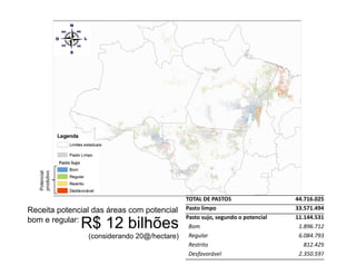 Potencial
   produtivo




                                             TOTAL	
  DE	
  PASTOS	
                                      	
  44.716.025	
  	
  
Receita potencial das áreas com potencial    Pasto	
  limpo	
                                                 33.571.494	
  	
  
                                             Pasto	
  sujo,	
  segundo	
  o	
  potencial	
                    11.144.531	
  	
  
bom e regular:
               R$ 12 bilhões                  Bom	
                                            	
  	
  	
  	
  	
  	
  1.896.712	
  	
  
                (considerando 20@/hectare)    Regular	
                                        	
  	
  	
  	
  	
  	
  6.084.793	
  	
  
                                              Restrito	
                                        	
  	
  	
  	
  	
  	
  	
  	
  	
  812.429	
  	
  
                                              Desfavorável	
                                   	
  	
  	
  	
  	
  	
  2.350.597	
  	
  
 