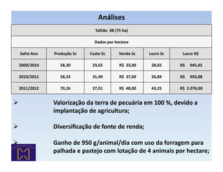 Análises	
  
                                                    Talhão	
  	
  08	
  (75	
  ha)	
  

                                                    Dados	
  por	
  hectare	
  

        Safra	
  Ano	
     Produção	
  Sc	
     Custo	
  Sc	
              Venda	
  Sc	
                 Lucro	
  Sc	
          Lucro	
  R$	
  

       2009/2010	
             58,30	
            29,65	
                  	
  R$	
  	
  33,00	
  	
       28,65	
         	
  R$	
  	
  	
  	
  	
  945,45	
  	
  

       2010/2011	
             58,33	
            31,49	
                  	
  R$	
  	
  37,00	
  	
       26,84	
         	
  R$	
  	
  	
  	
  	
  993,08	
  	
  

       2011/2012	
             70,26	
            27,01	
                  	
  R$	
  	
  48,00	
  	
       43,25	
         	
  R$	
  	
  2.076,00	
  	
  


    	
            	
      Valorização	
  da	
  terra	
  de	
  pecuária	
  em	
  100	
  %,	
  devido	
  a	
  
	
                 	
      implantação	
  de	
  agricultura;	
  

 	
  
                  	
      Diversiﬁcação	
  de	
  fonte	
  de	
  renda;	
  

    	
            	
      Ganho	
  de	
  950	
  g/animal/dia	
  com	
  uso	
  da	
  forragem	
  para	
  
	
                 	
      palhada	
  e	
  pastejo	
  com	
  lotação	
  de	
  4	
  animais	
  por	
  hectare;	
  
	
                 	
  
 